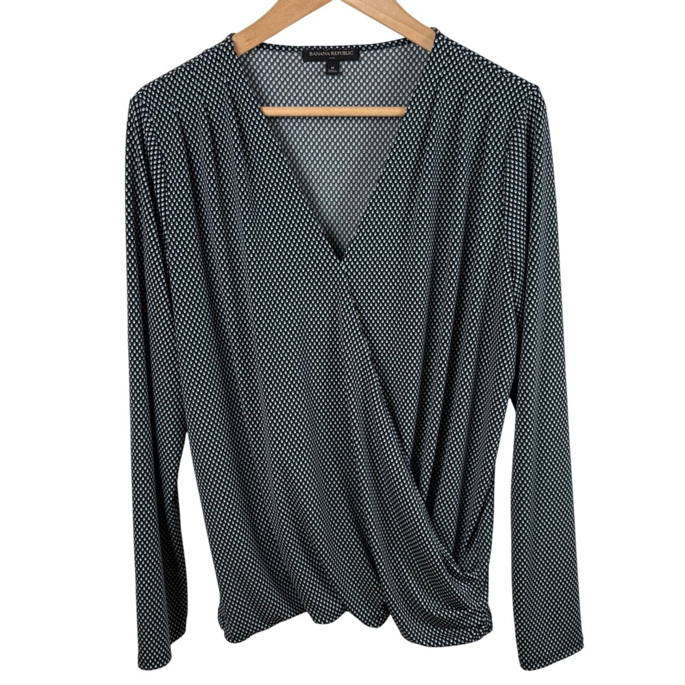 Banana Republic‎ Draped Faux Wrap Long-Sleeve Blouse Sz M Black White Workwear